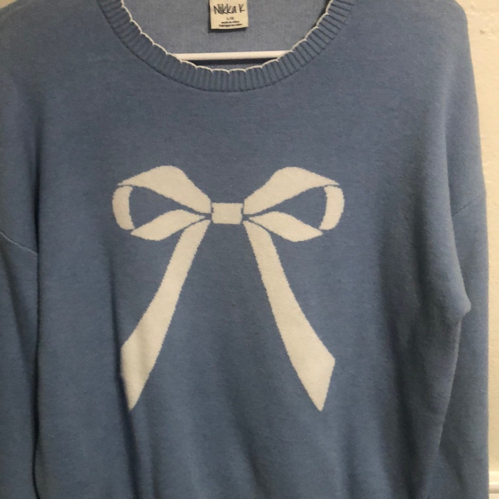 Nikka K Women's Blue Sweater with White Bow
